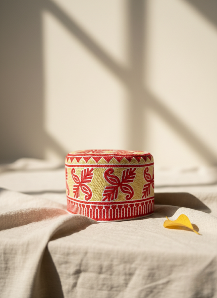 Kofia – El İşlemeli Geleneksel Şapka (Sarı & Kırmızı)