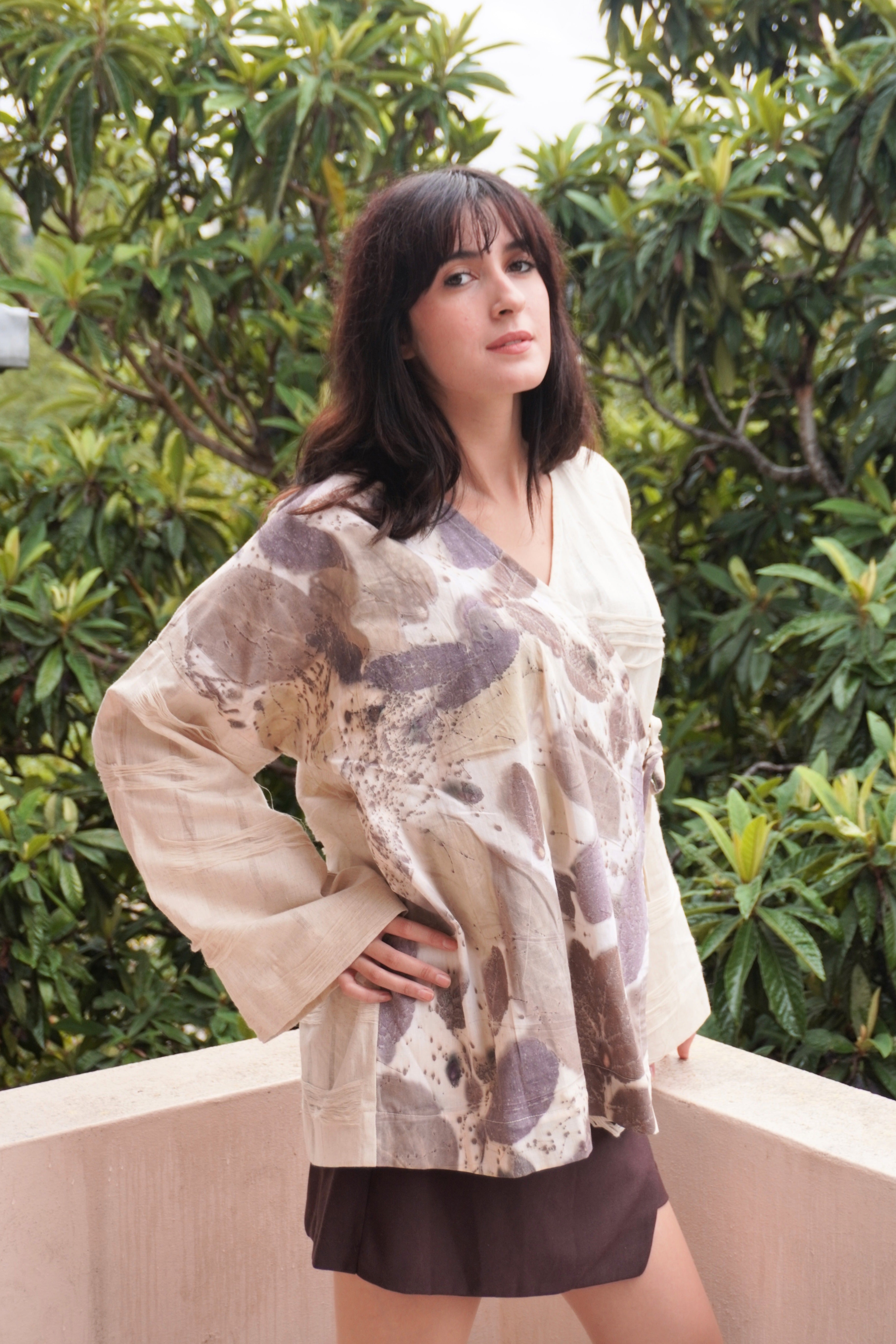 EcoPrint Koleksiyon El Yapımı Kısa Kimono Bluz