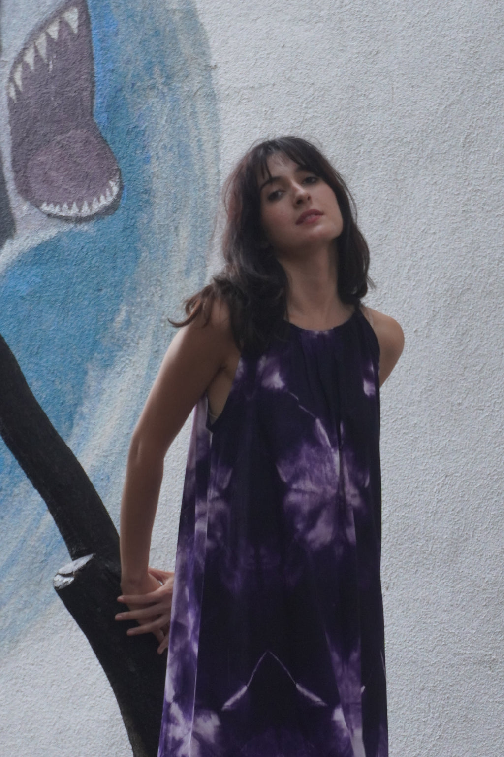 Batik Koleksiyon – Mor & Beyaz Desenli Uzun Elbise