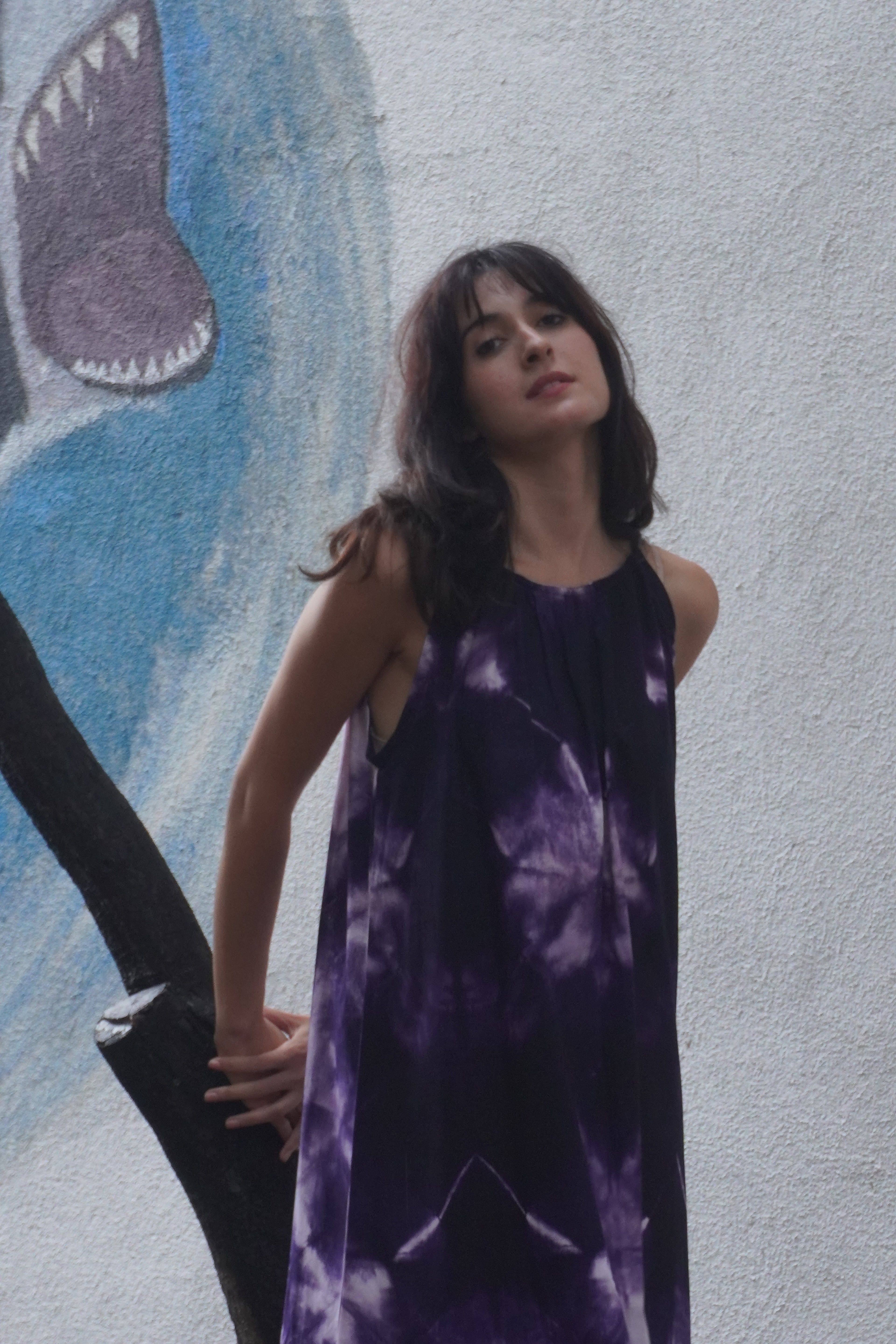 Batik Koleksiyon – Mor & Beyaz Desenli Uzun Elbise