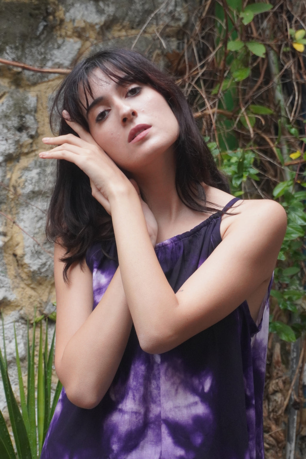 Batik Koleksiyon – Mor & Beyaz Desenli Uzun Elbise