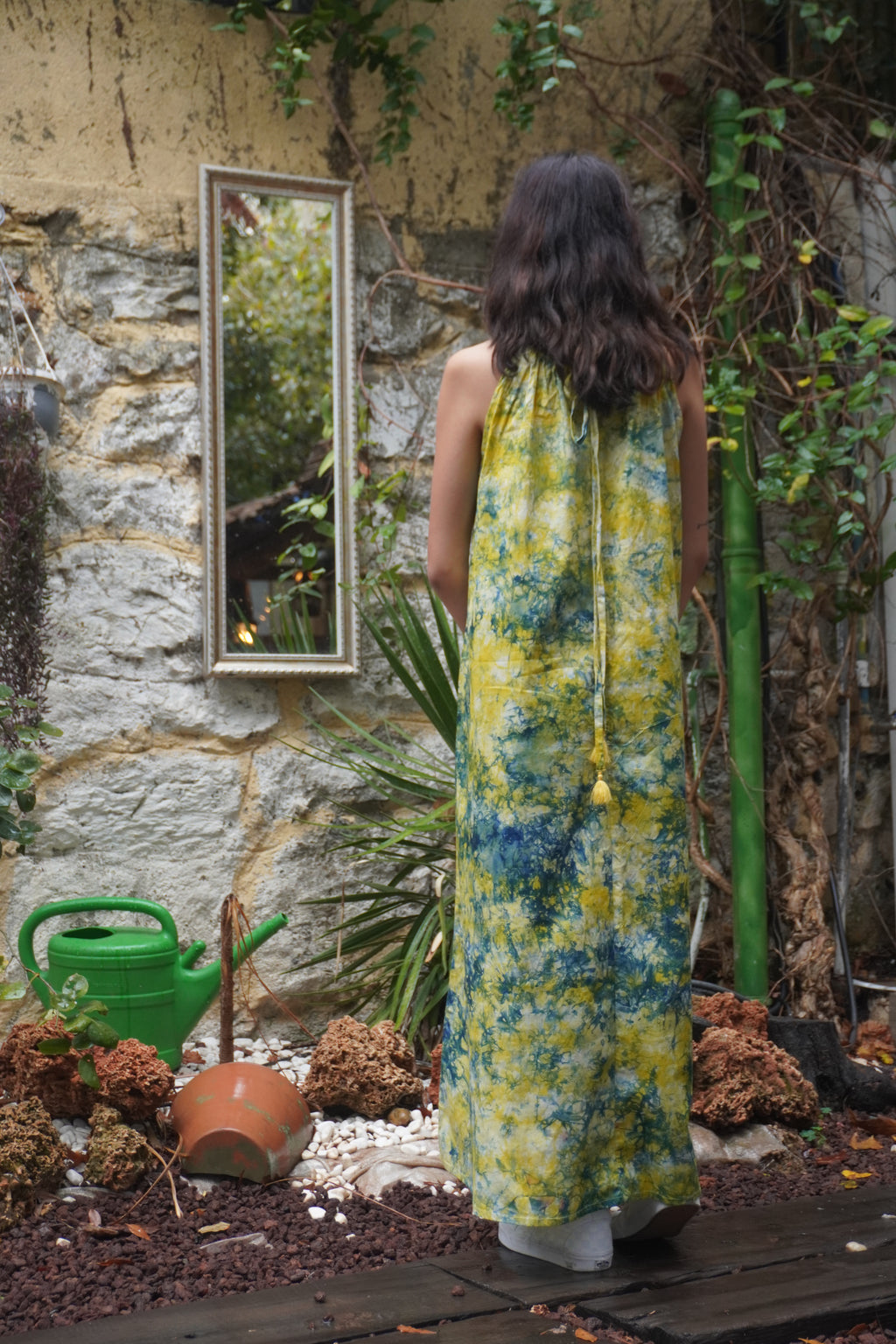 Batik Koleksiyon – Sarı & Mavi Desenli Uzun Elbise