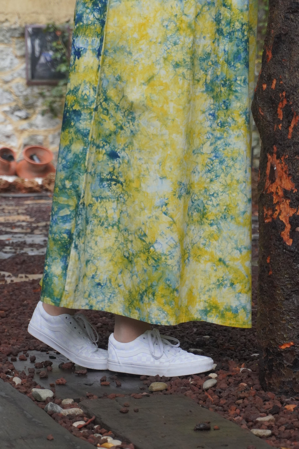 Batik Koleksiyon – Sarı & Mavi Desenli Uzun Elbise