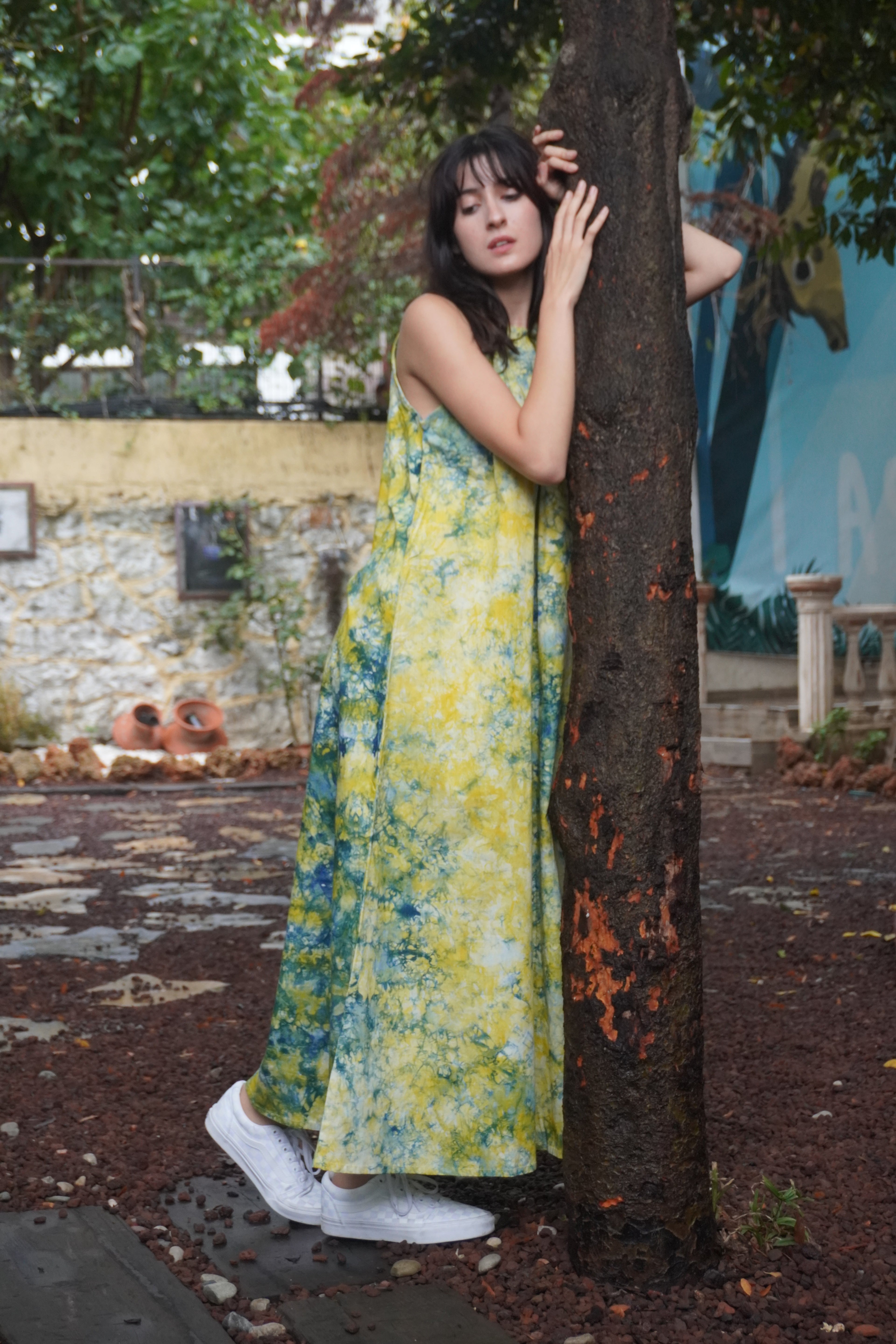 Batik Koleksiyon – Sarı & Mavi Desenli Uzun Elbise