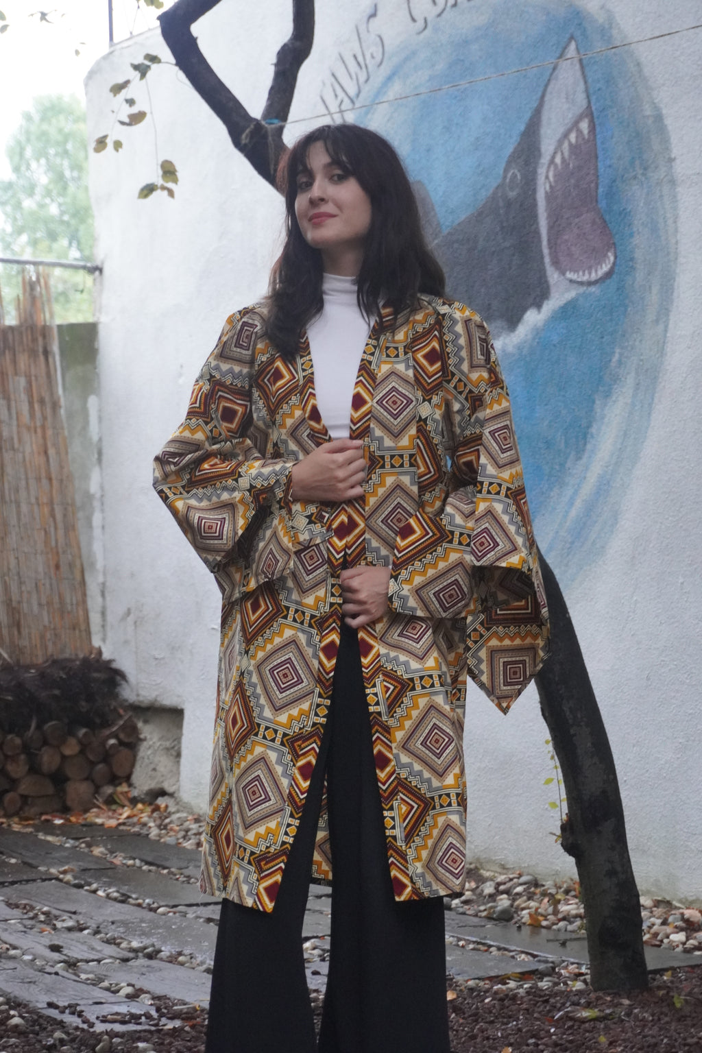Kitenge Koleksiyon – Etnik Desenli Uzun Kimono Ceket