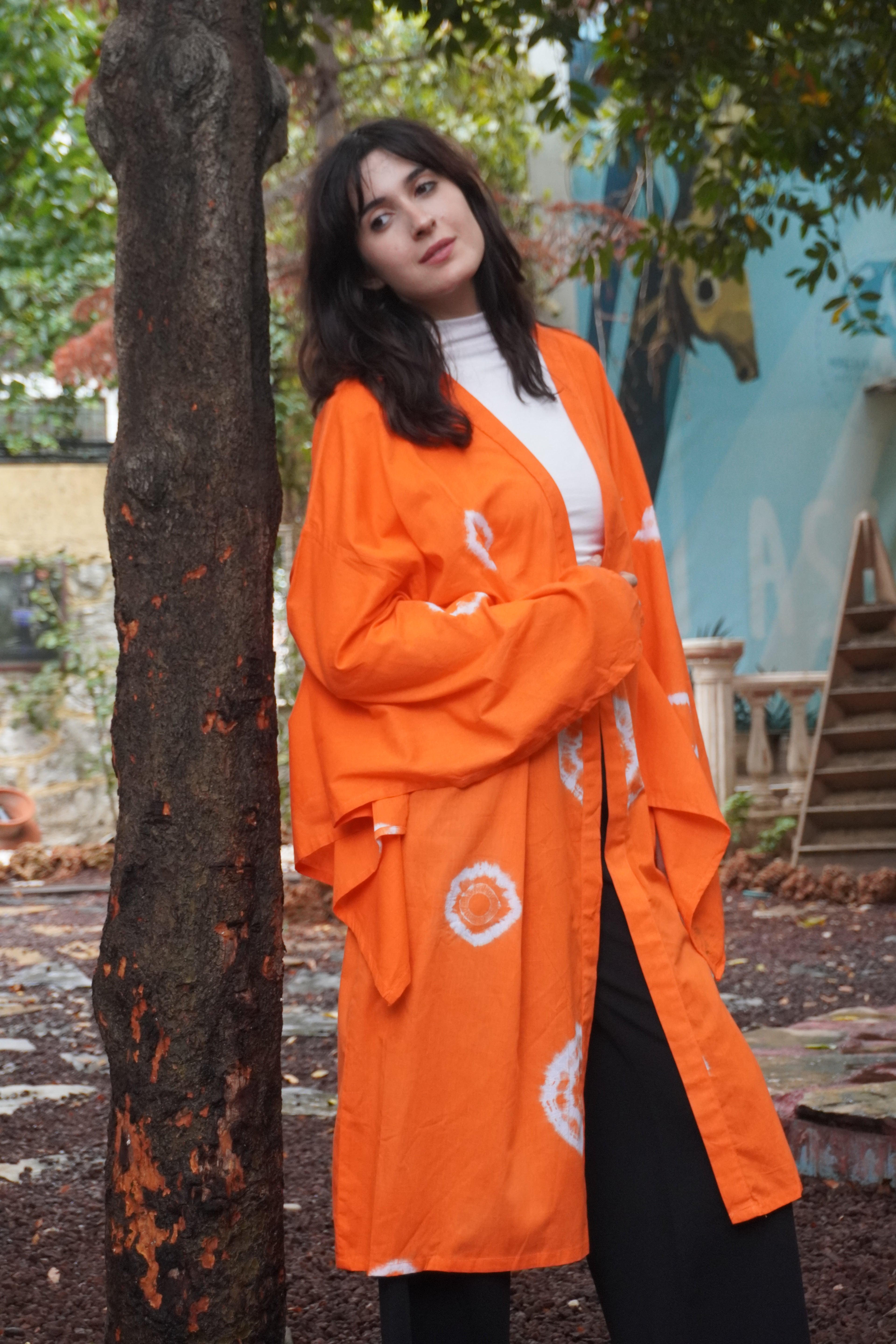 Batik Koleksiyon – Turuncu Desenli Uzun Kimono Ceket