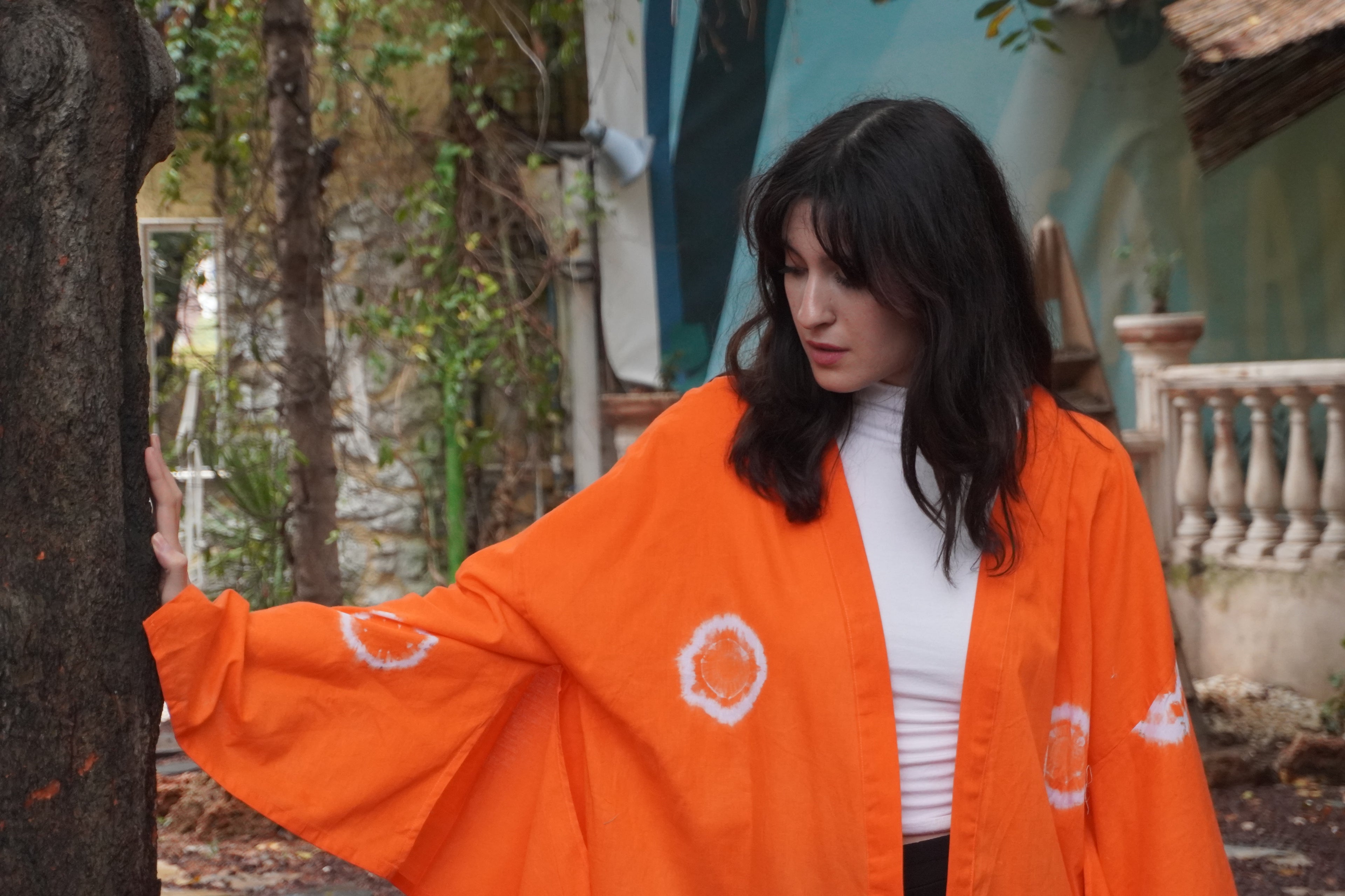 Batik Koleksiyon – Turuncu Desenli Uzun Kimono Ceket