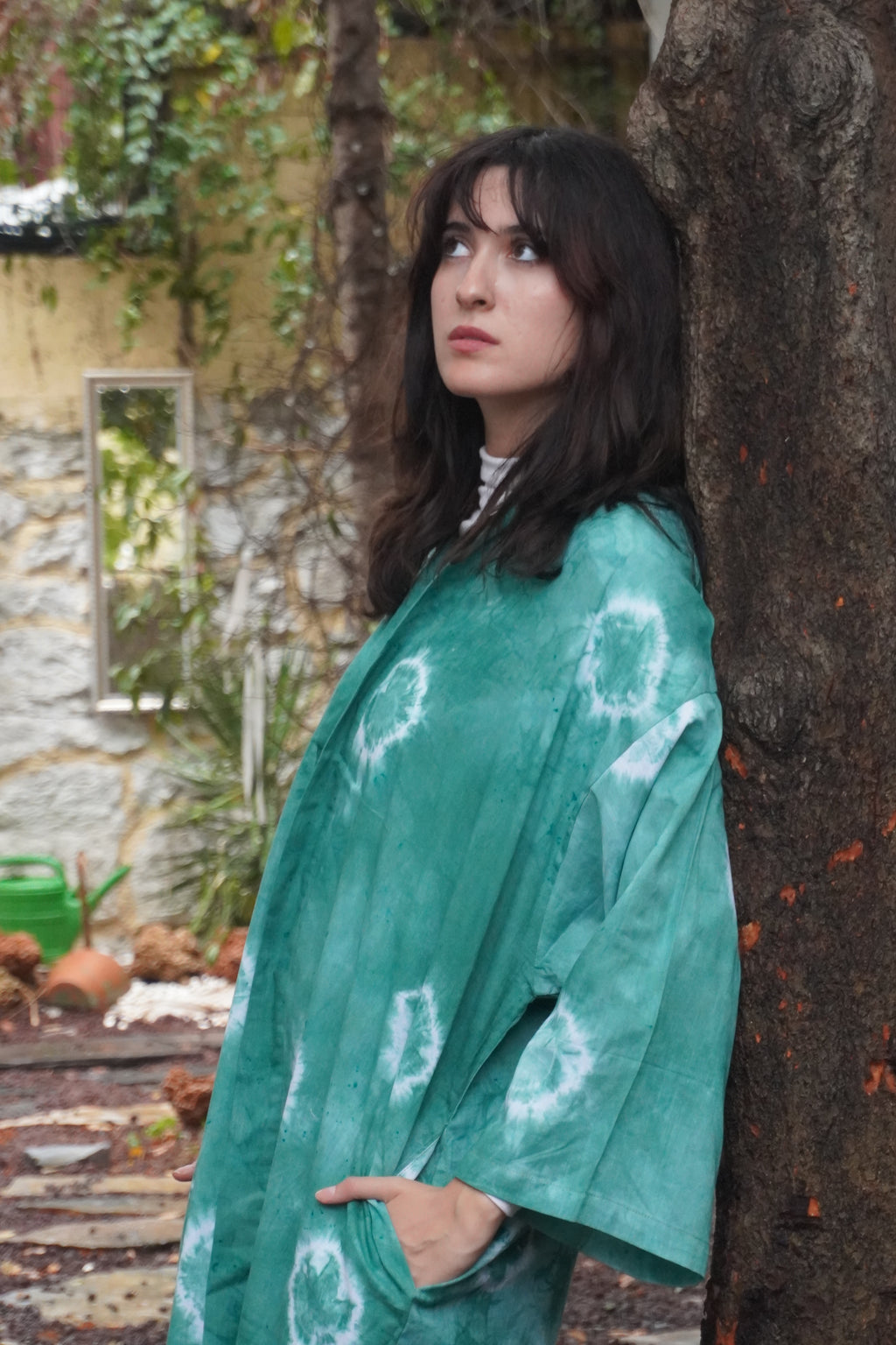 Batik Koleksiyon – Yeşil Desenli Uzun Kimono Ceket