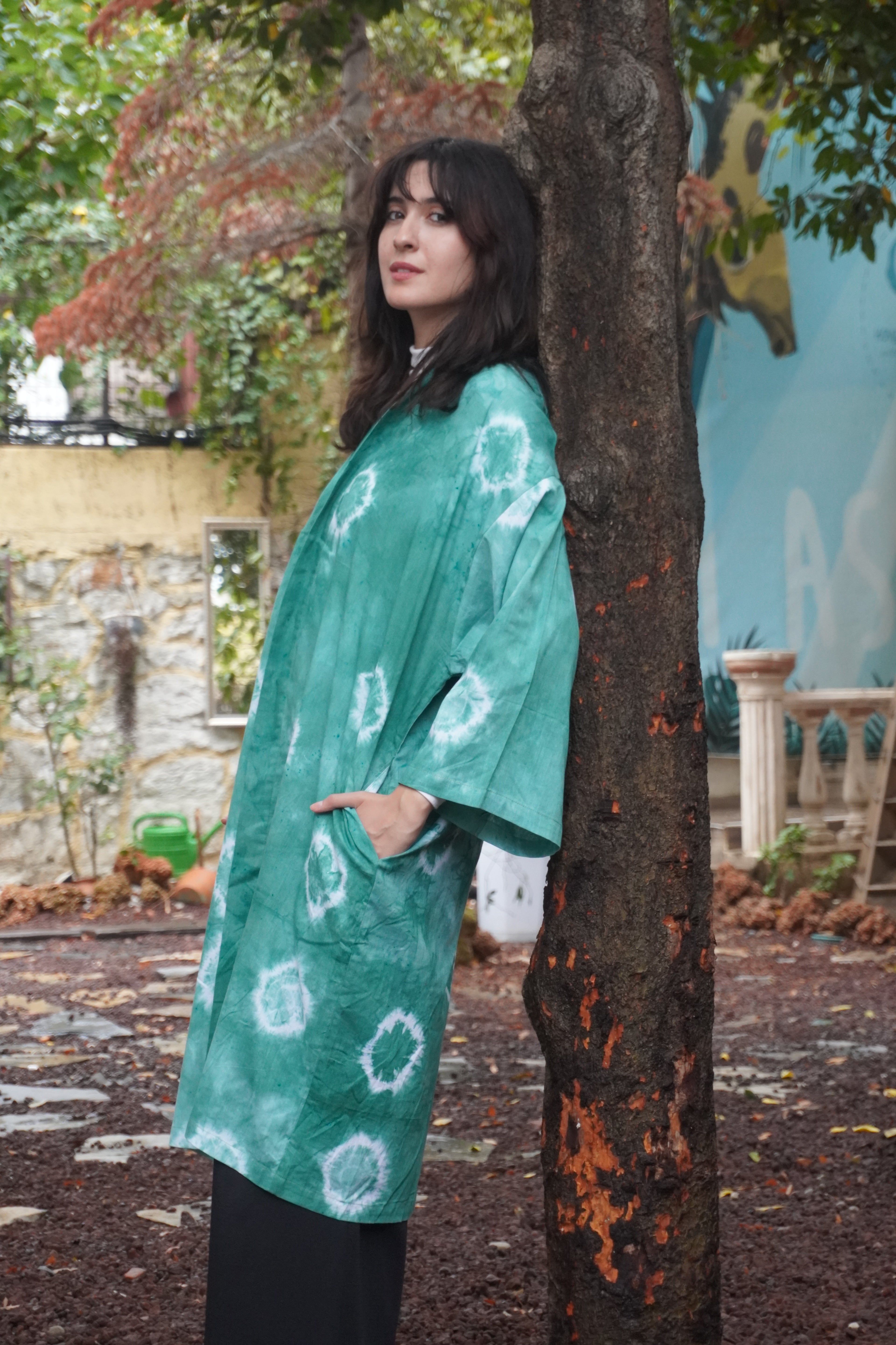 Batik Koleksiyon – Yeşil Desenli Uzun Kimono Ceket