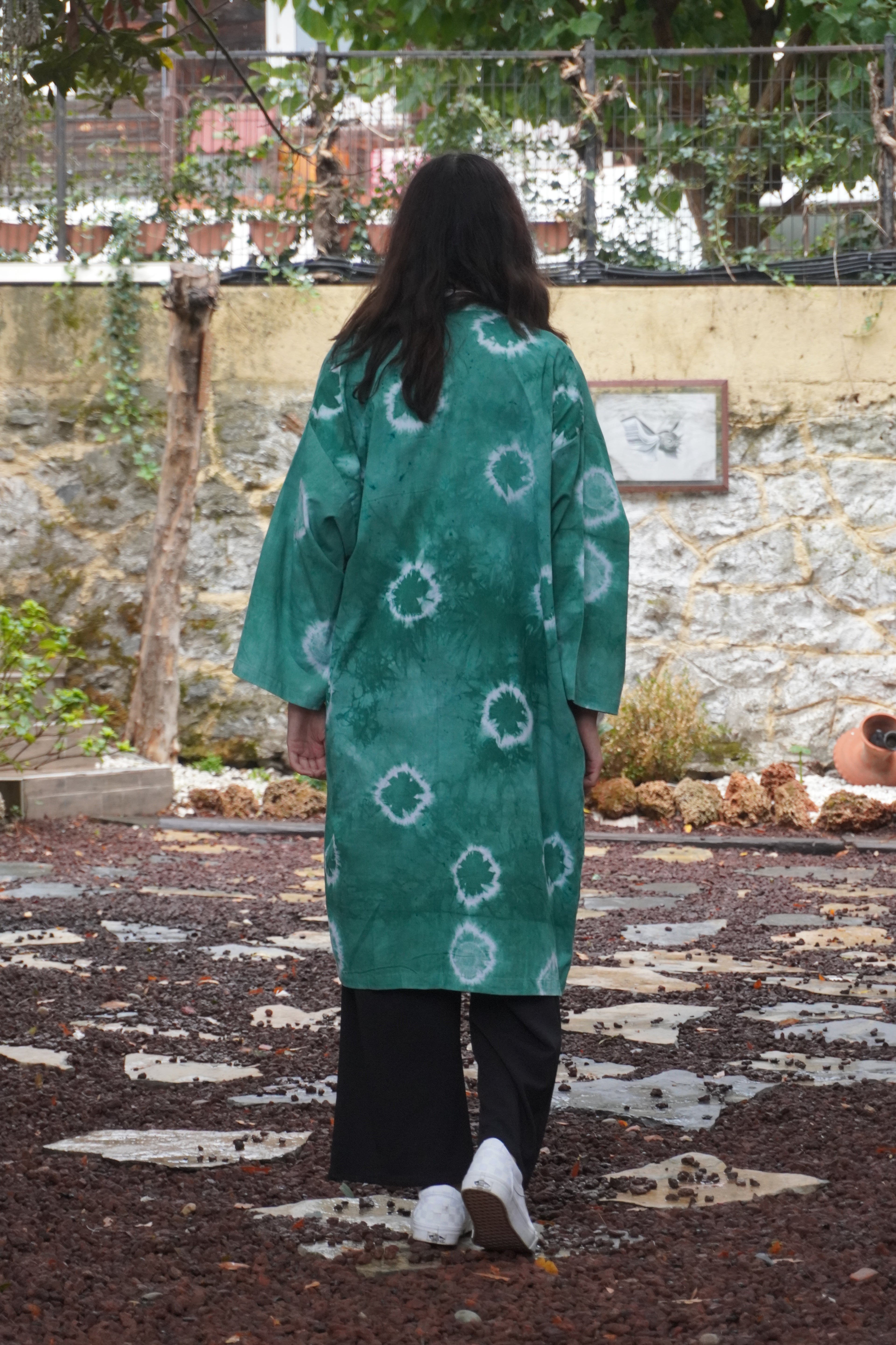 Batik Koleksiyon – Yeşil Desenli Uzun Kimono Ceket