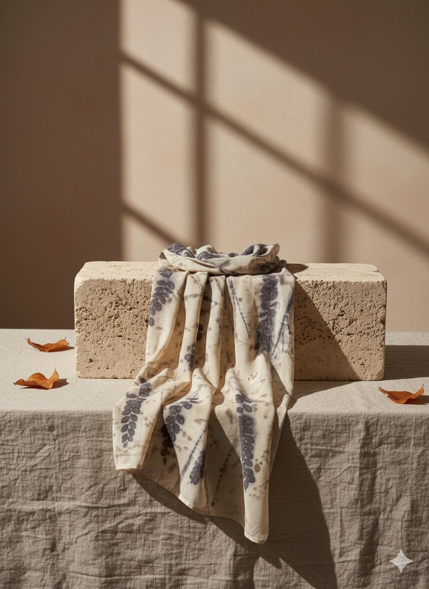 Ecoprint Doğal Bitki Desenli El Yapımı Şal