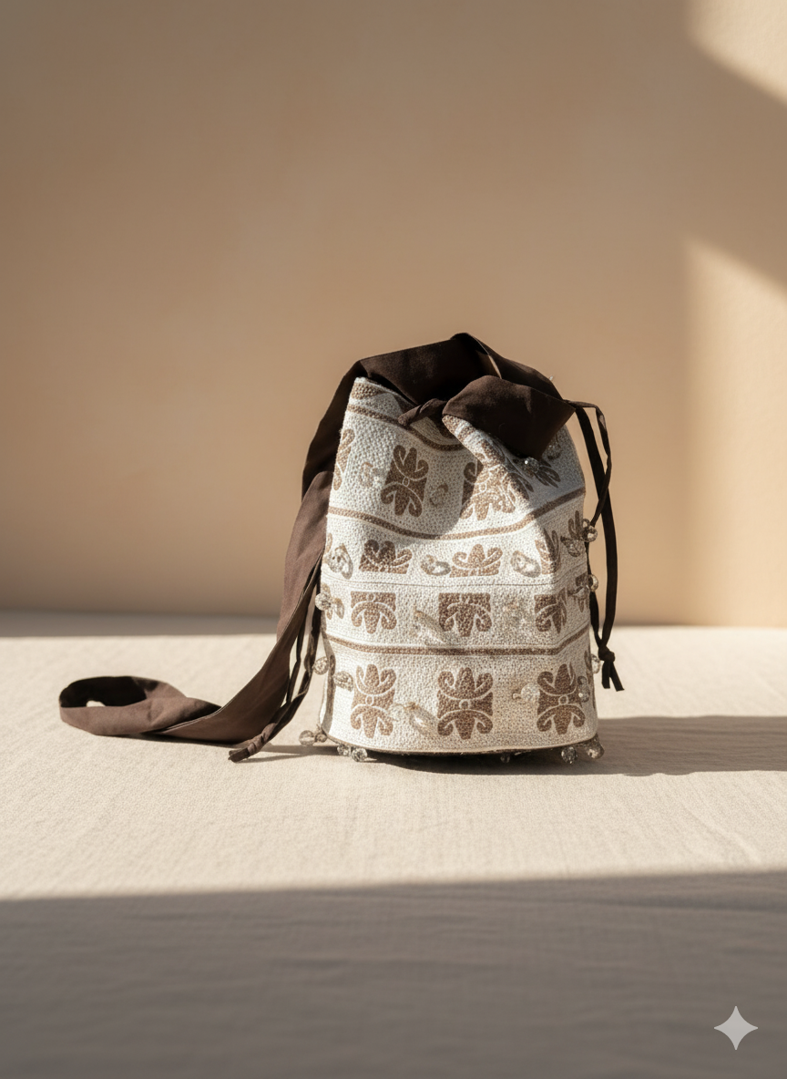 El Yapımı Etnik Desenli Kumaş Çanta – Kahve & Krem