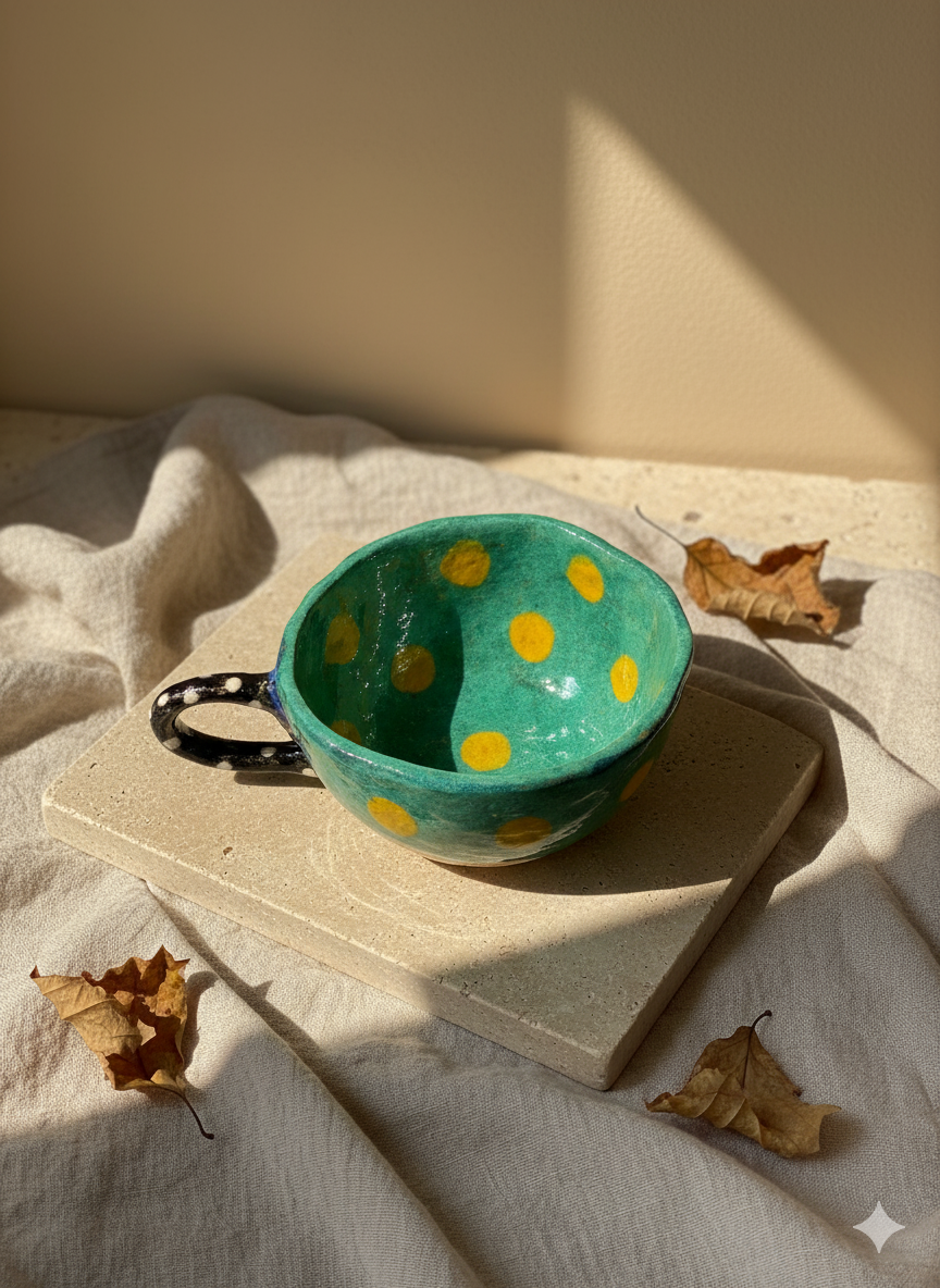 El Yapımı Seramik Kupa – Yeşil & Sarı Noktalı